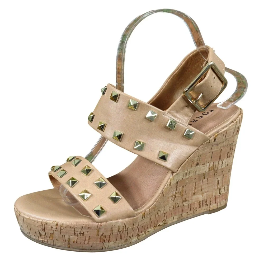 Torrid Women 7.5 WW Extra Wide Tan Studded Platform Cork Wedge Heels Sandals